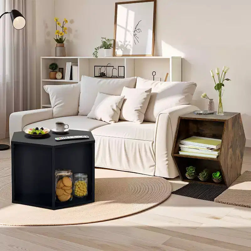 Okak 23.6 Tavolino da caffè esagonale impilabile in legno con vano a giorno, comodino multifunzionale per soggiorno, camera da letto, ufficio