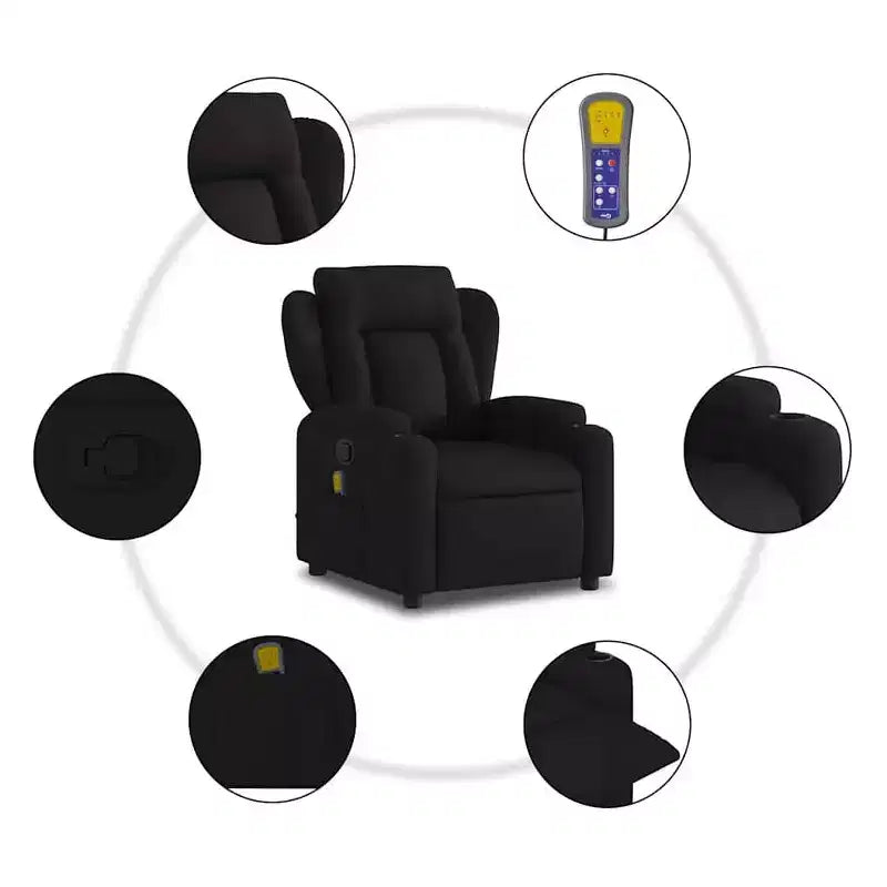 vidaXL Poltrona reclinabile massaggiante in tessuto nero-Reclinazione manuale-Massaggio a vibrazione-Seduta imbottita-Portabicchieri