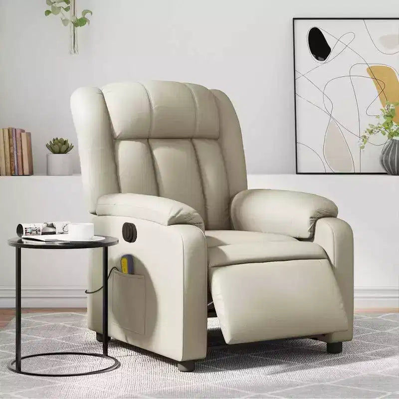 vidaXL Poltrona Reclinabile Massaggiante Elettrica - Crema in Similpelle con Reclinazione Motorizzata, Massaggio Vibrante, Tasca Laterale per Soggiorno