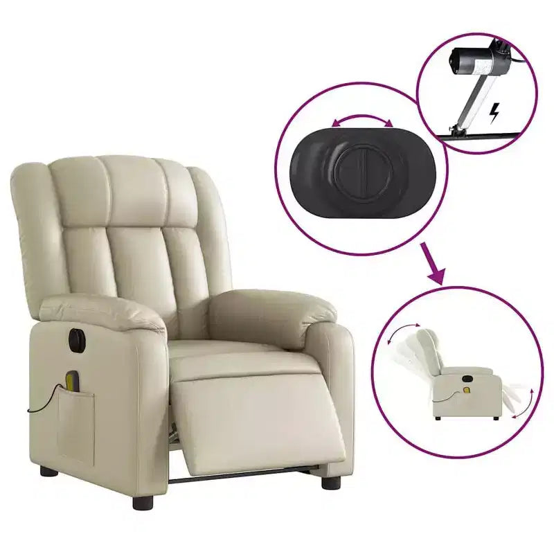 vidaXL Poltrona Reclinabile Massaggiante Elettrica - Crema in Similpelle con Reclinazione Motorizzata, Massaggio Vibrante, Tasca Laterale per Soggiorno