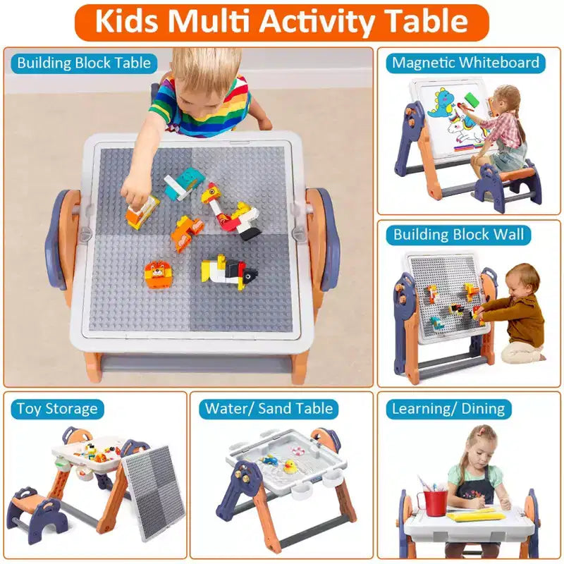 Set Tavolo e Sedie per Bambini 8 in 1, Tavolo Pieghevole per Attività per Bambini, Tavolo per Attività per Bambini, Tavolo da Costruzioni, Tavolo ad Acqua, Tavolo della Sabbia, Tavolo Sensoriale
