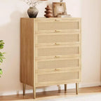 Cassettiera in Rattan a 5 cassetti, cassettiera alta e stretta da 44'', cassettiera in legno stile rustico con gambe in metallo, mobiletto per camera da letto, Quercia