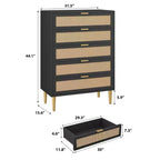 Cassettiera in Rattan a 5 cassetti, cassettiera alta e stretta da 44'', cassettiera in legno stile rustico con gambe in metallo, mobiletto per camera da letto, Quercia