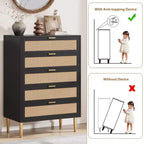 Cassettiera in Rattan a 5 cassetti, cassettiera alta e stretta da 44'', cassettiera in legno stile rustico con gambe in metallo, mobiletto per camera da letto, Quercia
