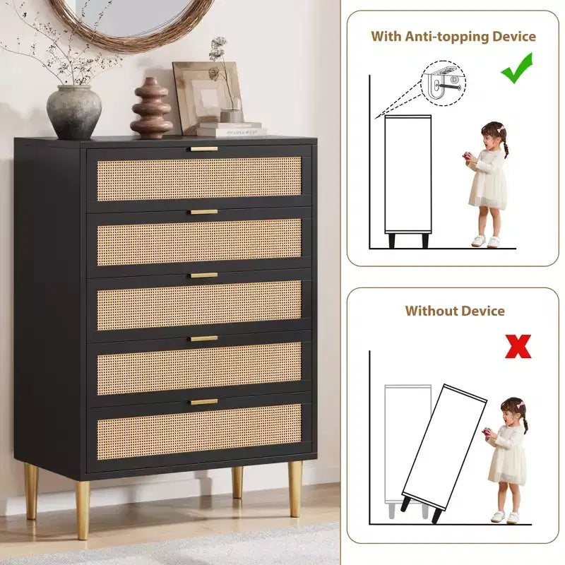 Cassettiera in Rattan a 5 cassetti, cassettiera alta e stretta da 44'', cassettiera in legno stile rustico con gambe in metallo, mobiletto per camera da letto, Quercia