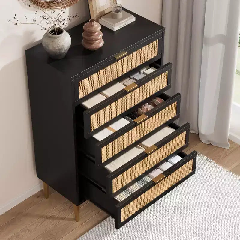Cassettiera in Rattan a 5 cassetti, cassettiera alta e stretta da 44'', cassettiera in legno stile rustico con gambe in metallo, mobiletto per camera da letto, Quercia