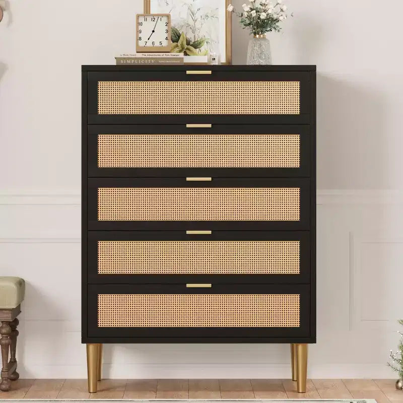 Cassettiera in Rattan a 5 cassetti, cassettiera alta e stretta da 44'', cassettiera in legno stile rustico con gambe in metallo, mobiletto per camera da letto, Quercia