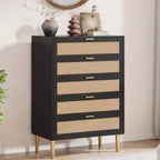 Cassettiera in Rattan a 5 cassetti, cassettiera alta e stretta da 44'', cassettiera in legno stile rustico con gambe in metallo, mobiletto per camera da letto, Quercia