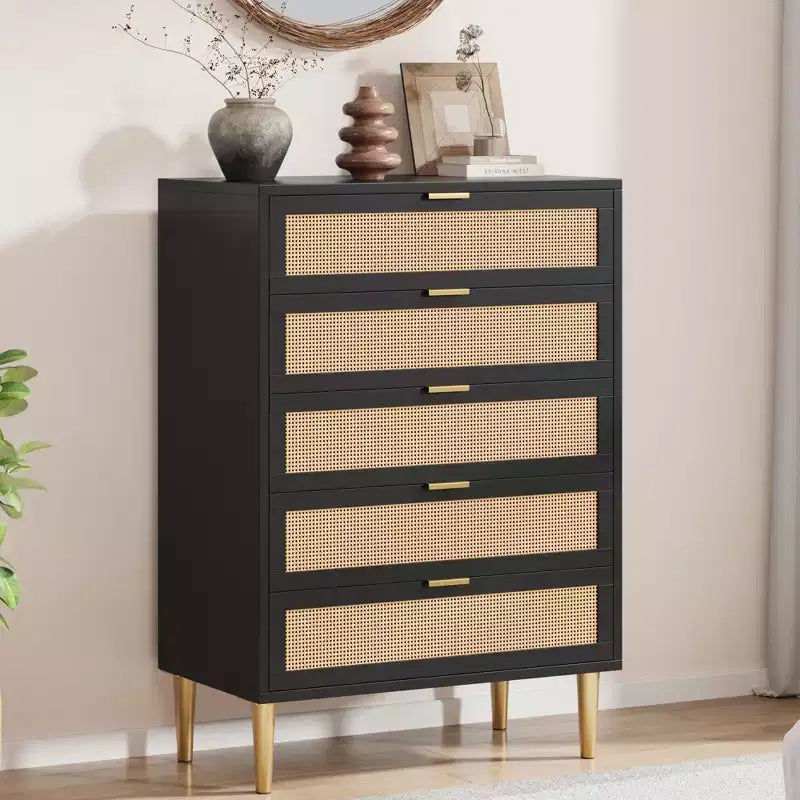 Cassettiera in Rattan a 5 cassetti, cassettiera alta e stretta da 44'', cassettiera in legno stile rustico con gambe in metallo, mobiletto per camera da letto, Quercia