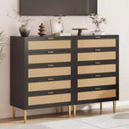 Cassettiera in Rattan a 5 cassetti, cassettiera alta e stretta da 44'', cassettiera in legno stile rustico con gambe in metallo, mobiletto per camera da letto, Quercia