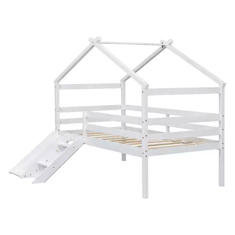 Letto a castello singolo MATEERTY con scivolo, sponde di sicurezza, tetto a casetta, bianco