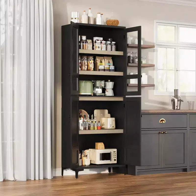 TROPOW Mobile Contenitore Alto 180 cm con Ante in Vetro, Dispensa da Cucina, Mobiletto da Bagno a 5 Ripiani con Scaffali Regolabili per Cucina, Sala da Pranzo, Bagno