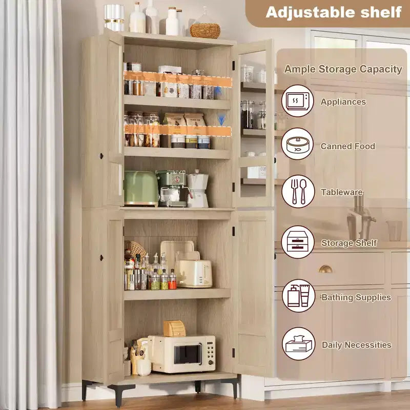 TROPOW Mobile Contenitore Alto 180 cm con Ante in Vetro, Dispensa da Cucina, Mobiletto da Bagno a 5 Ripiani con Scaffali Regolabili per Cucina, Sala da Pranzo, Bagno