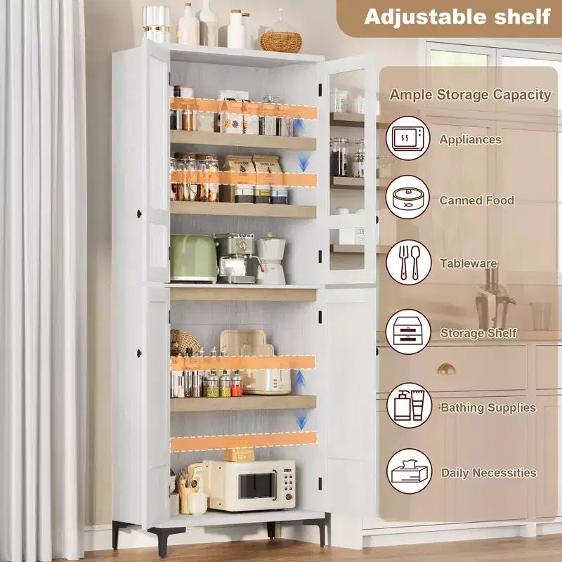 TROPOW Mobile Contenitore Alto 180 cm con Ante in Vetro, Dispensa da Cucina, Mobiletto da Bagno a 5 Ripiani con Scaffali Regolabili per Cucina, Sala da Pranzo, Bagno