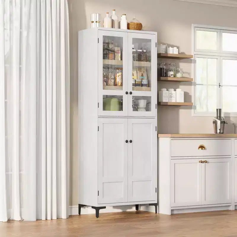 TROPOW Mobile Contenitore Alto 180 cm con Ante in Vetro, Dispensa da Cucina, Mobiletto da Bagno a 5 Ripiani con Scaffali Regolabili per Cucina, Sala da Pranzo, Bagno