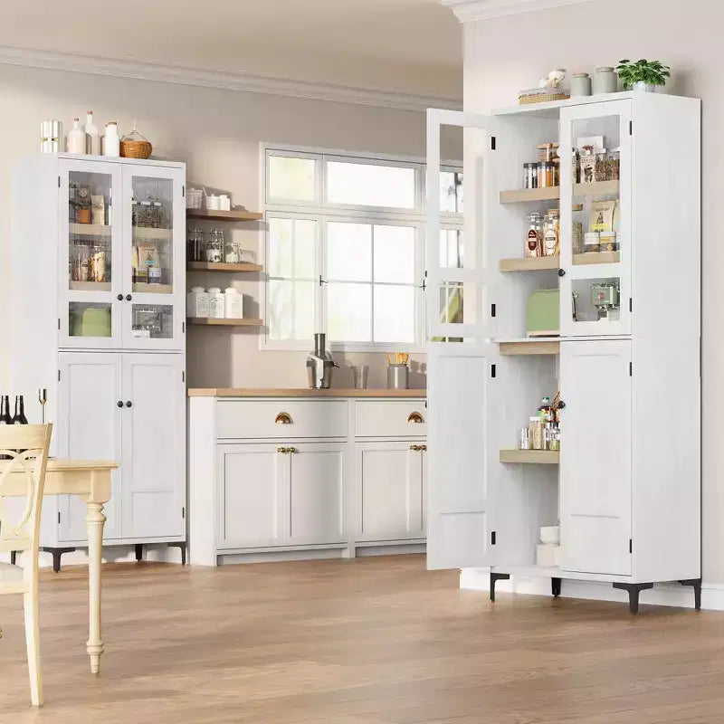 TROPOW Mobile Contenitore Alto 180 cm con Ante in Vetro, Dispensa da Cucina, Mobiletto da Bagno a 5 Ripiani con Scaffali Regolabili per Cucina, Sala da Pranzo, Bagno