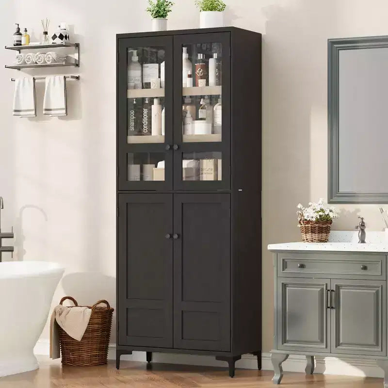 TROPOW Mobile Contenitore Alto 180 cm con Ante in Vetro, Dispensa da Cucina, Mobiletto da Bagno a 5 Ripiani con Scaffali Regolabili per Cucina, Sala da Pranzo, Bagno