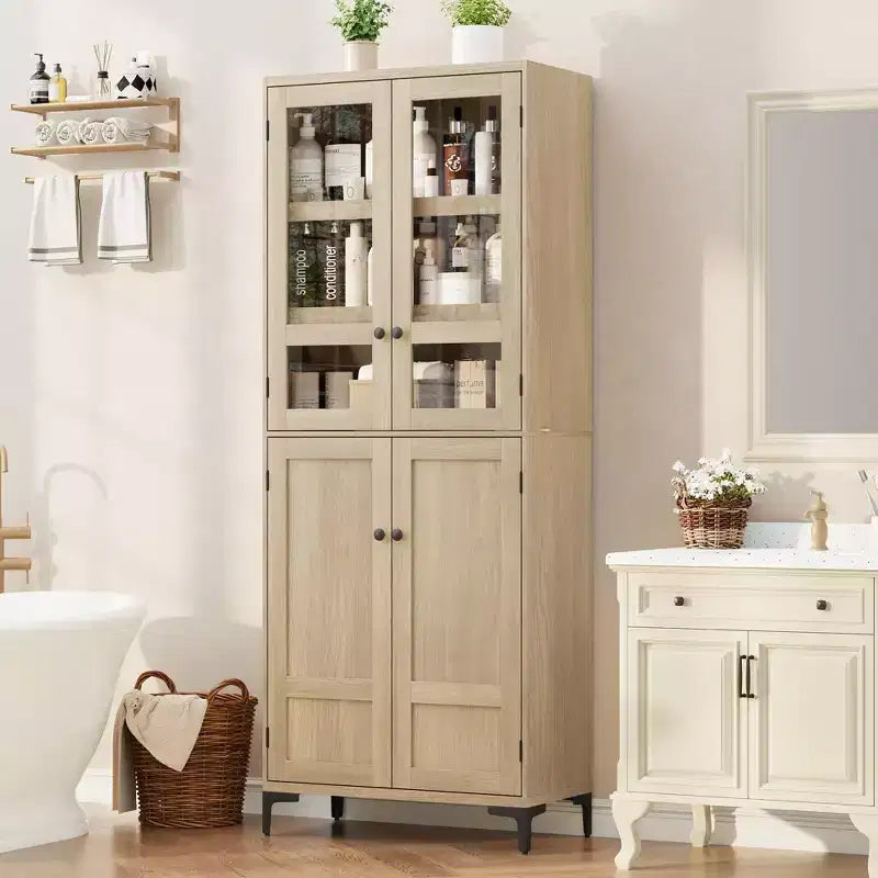 TROPOW Mobile Contenitore Alto 180 cm con Ante in Vetro, Dispensa da Cucina, Mobiletto da Bagno a 5 Ripiani con Scaffali Regolabili per Cucina, Sala da Pranzo, Bagno