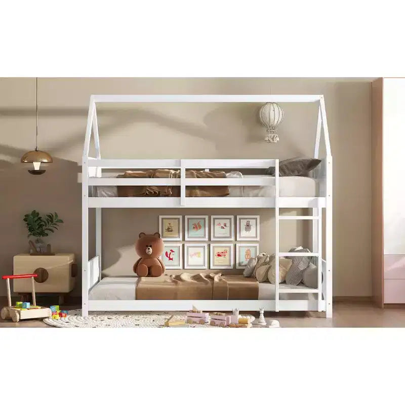 MAYEERTY Twin House Floor Bunk Bed with Headboards, Footboards and Guardrails Gray