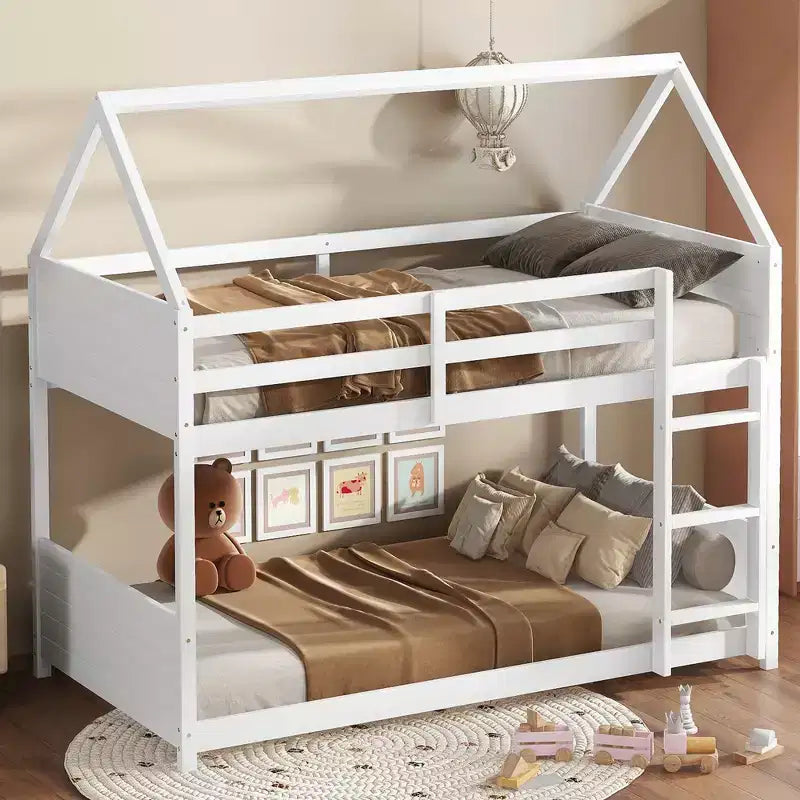 MAYEERTY Letto a Castello a Terra Twin House con Testiere, Pedane e Sponde di Sicurezza Grigio