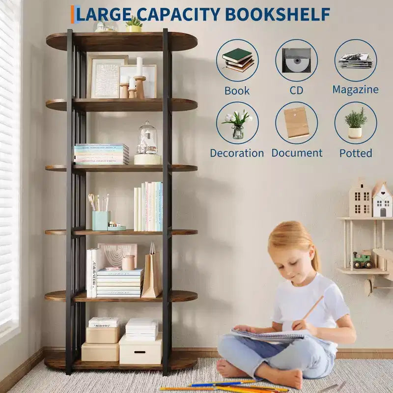 Libreria Industriale GustoWave a 6 Ripiani, Libreria Alta e Stretta di 180 cm con Struttura in Ferro, Scaffale Compatto Aperto, per Appartamenti