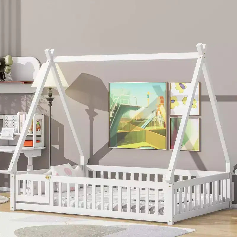 MAYEERTY Letto a pavimento completo a forma di tenda con spondine e porta, bianco