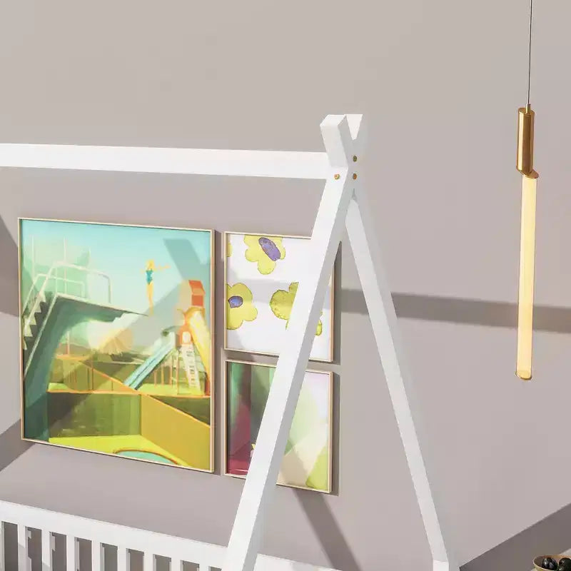 MAYEERTY Letto a pavimento completo a forma di tenda con spondine e porta, bianco