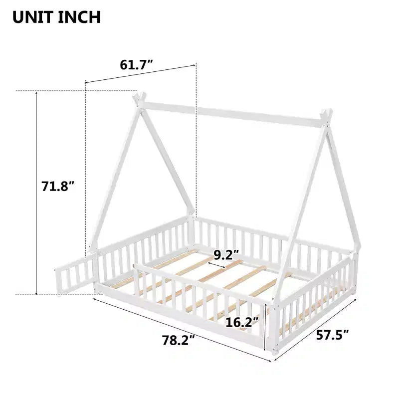 MAYEERTY Letto a pavimento completo a forma di tenda con spondine e porta, bianco
