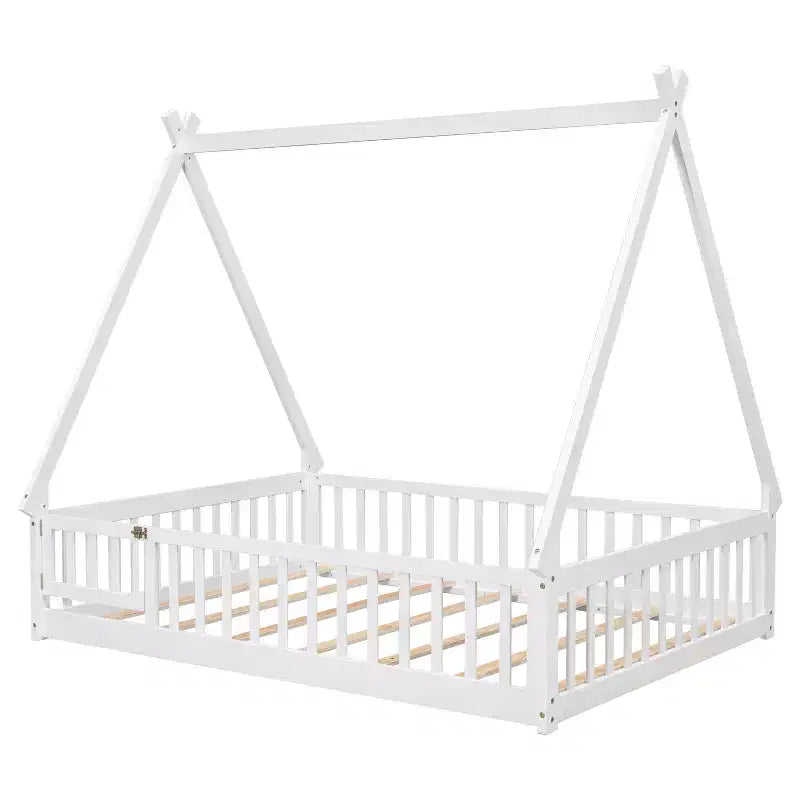 MAYEERTY Letto a pavimento completo a forma di tenda con spondine e porta, bianco