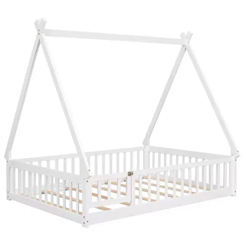 MAYEERTY Letto a pavimento completo a forma di tenda con spondine e porta, bianco