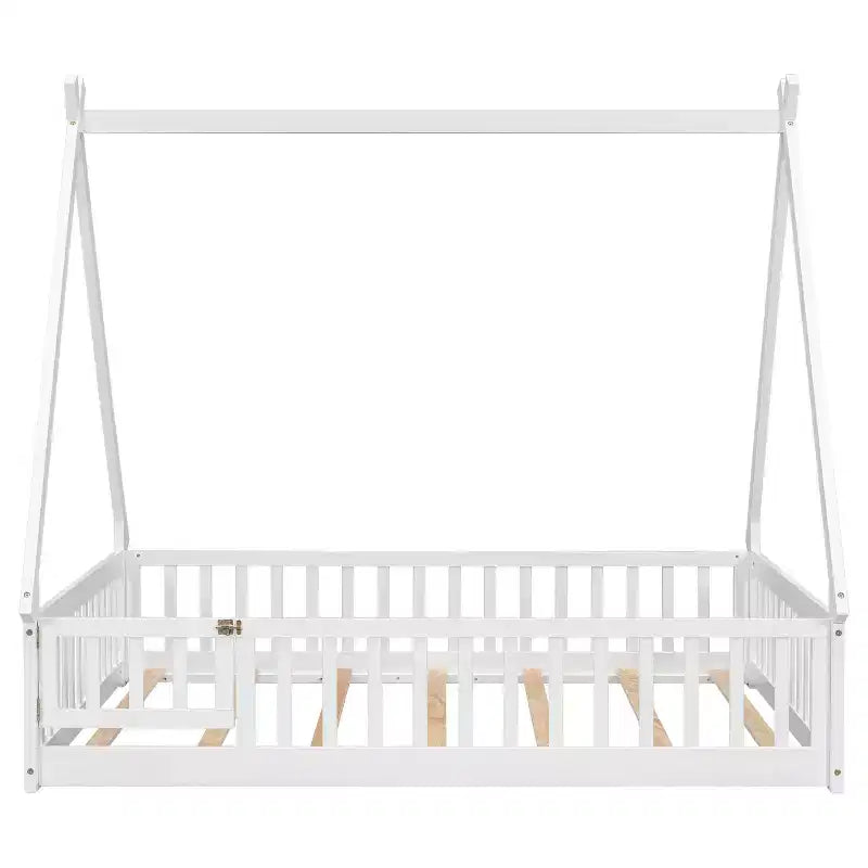 MAYEERTY Letto a pavimento completo a forma di tenda con spondine e porta, bianco