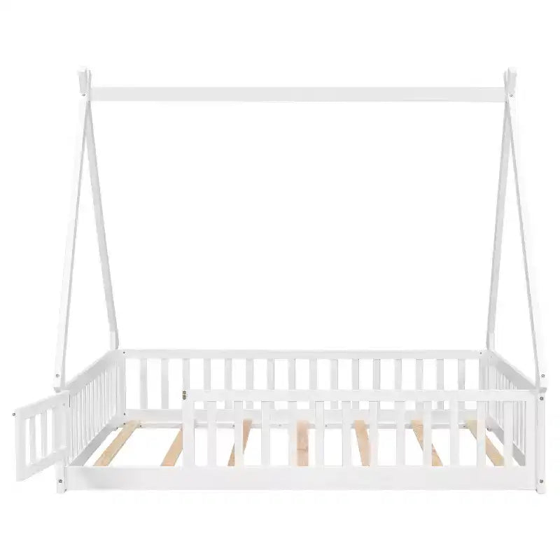 MAYEERTY Letto a pavimento completo a forma di tenda con spondine e porta, bianco