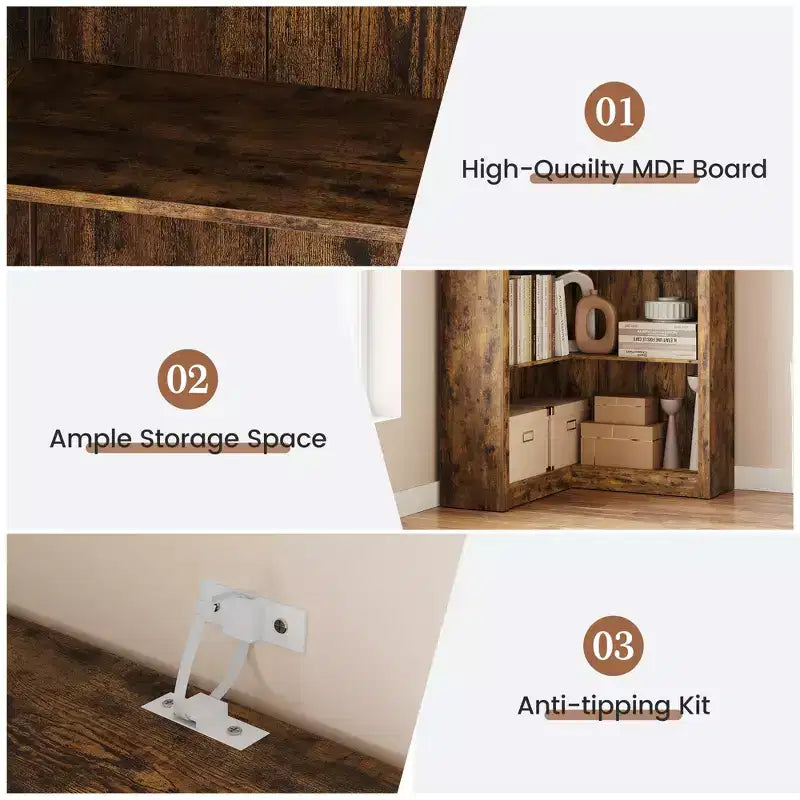 Libreria angolare, Libreria angolare in stile rustico, Libreria a L grande, Scaffale espositivo a 5 ripiani resistente, Librerie con contenitore