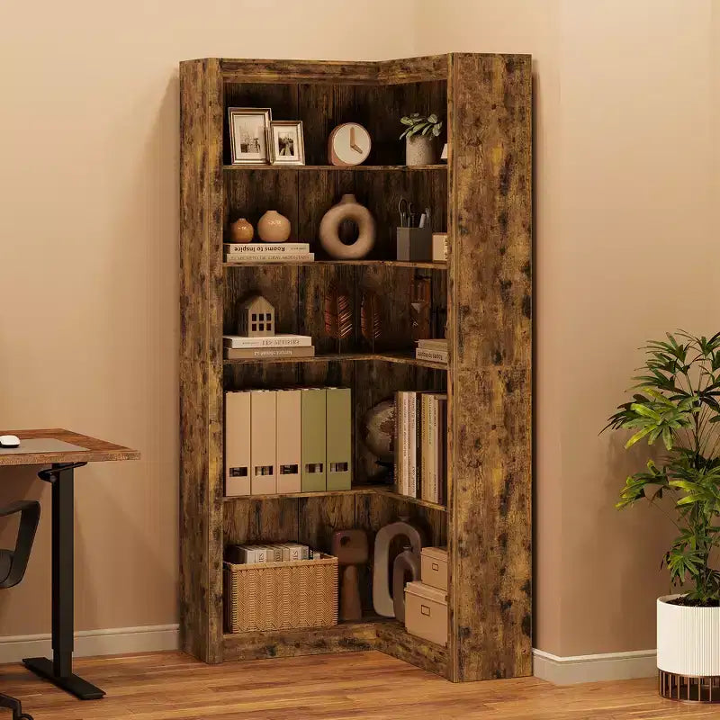 Libreria angolare, Libreria angolare in stile rustico, Libreria a L grande, Scaffale espositivo a 5 ripiani resistente, Librerie con contenitore