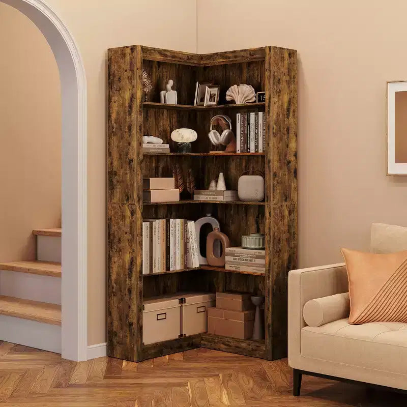 Libreria angolare, Libreria angolare in stile rustico, Libreria a L grande, Scaffale espositivo a 5 ripiani resistente, Librerie con contenitore