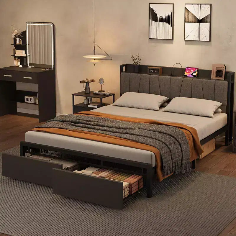 GustoWave Industrial Full Platform Bed, Storage Headboard/2 Large Drawers/Charging Station