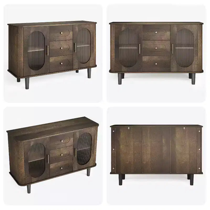 Credenza a buffet da 47" con ante in vetro scanalato e 3 cassetti, madia moderna con ripiani regolabili per cucina, sala da pranzo