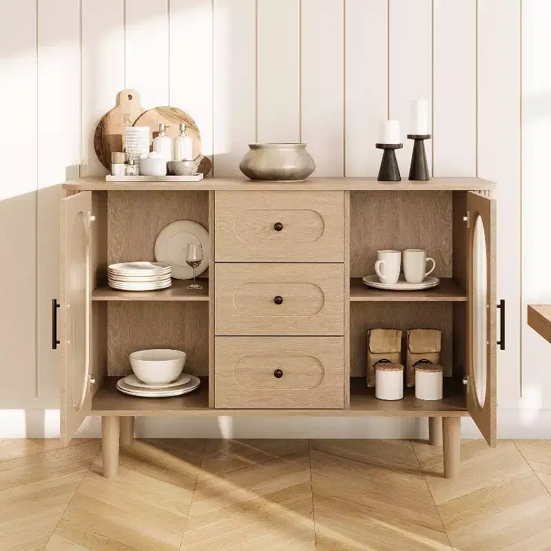 Credenza a buffet da 47" con ante in vetro scanalato e 3 cassetti, madia moderna con ripiani regolabili per cucina, sala da pranzo