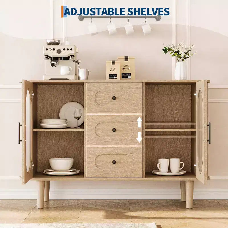 Credenza a buffet da 47" con ante in vetro scanalato e 3 cassetti, madia moderna con ripiani regolabili per cucina, sala da pranzo