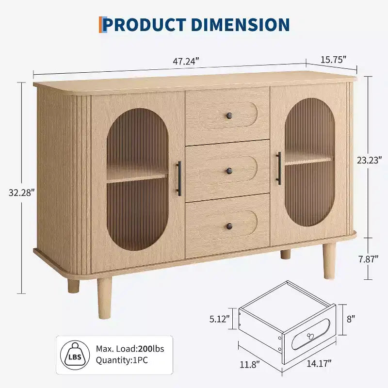 Credenza a buffet da 47" con ante in vetro scanalato e 3 cassetti, madia moderna con ripiani regolabili per cucina, sala da pranzo