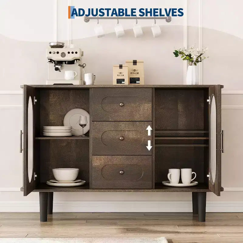 Credenza a buffet da 47" con ante in vetro scanalato e 3 cassetti, madia moderna con ripiani regolabili per cucina, sala da pranzo
