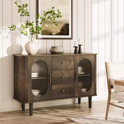 47 Sideboard Buffet Cabinet with Fluted Glass Doors & 3 Drawers, Mid-Century Credenza with Adjustable Shelves for Kitchen, Dining Room