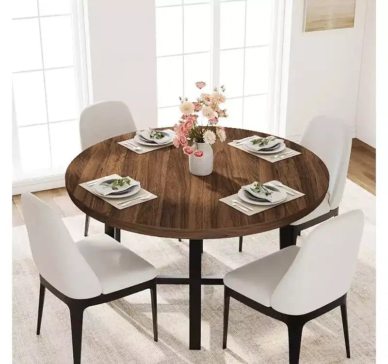 Tavolo da pranzo rotondo da 120 cm, tavolo da pranzo industriale da 4 a 6 posti, tavolo da cucina in legno con robusta struttura in metallo, tavolo da cucina circolare per la casa, senza sedie