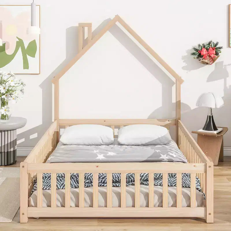MAYEERTY Full House-shaped Headboard Floor Bed with Fence Beige