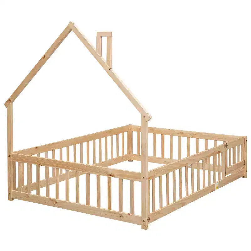 MAYEERTY Letto a Pavimento con Testiera a Forma di Casa e Recinzione Beige