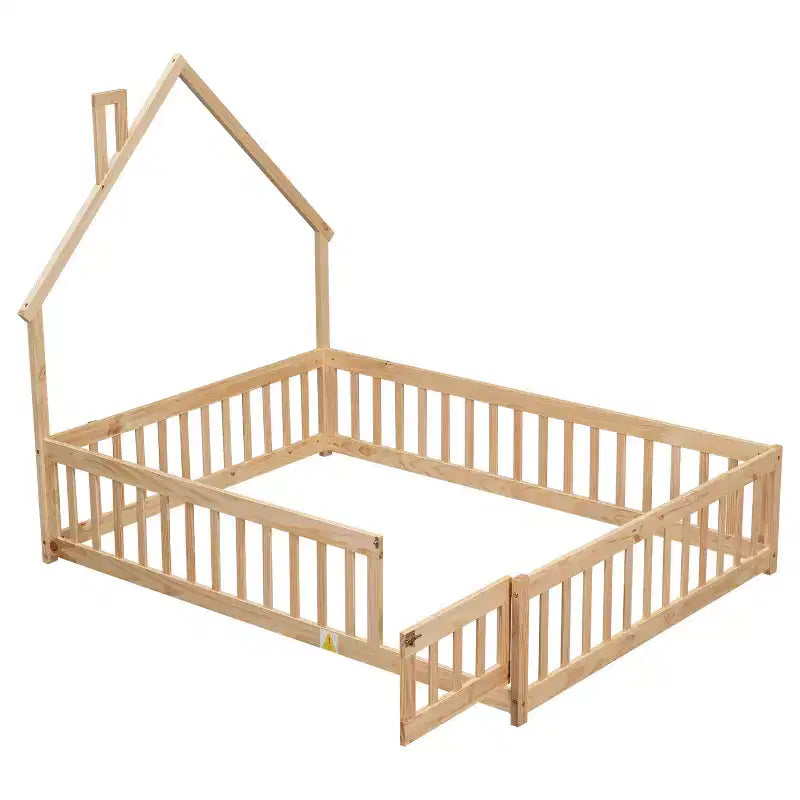 MAYEERTY Letto a Pavimento con Testiera a Forma di Casa e Recinzione Beige