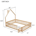 MAYEERTY Letto a Pavimento con Testiera a Forma di Casa e Recinzione Beige