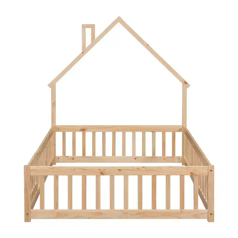 MAYEERTY Letto a Pavimento con Testiera a Forma di Casa e Recinzione Beige