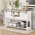 RoyalCraft Farmhouse Entryway Console Table with Storage Shelves, Sliding Barn Door and Spacious Tabletop for Living Room or Foyer, White & Oak