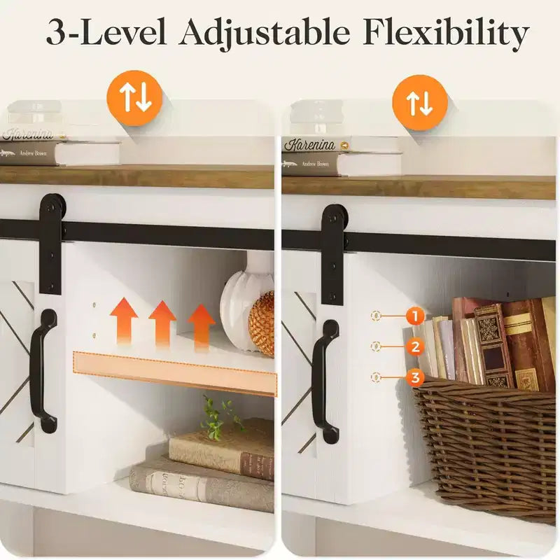 RoyalCraft Tavolino Consolle Ingresso Stile Rustico con Ripiani, Anta Scorrevole a Fienile e Ampio Piano per Soggiorno o Ingresso, Bianco e Rovere